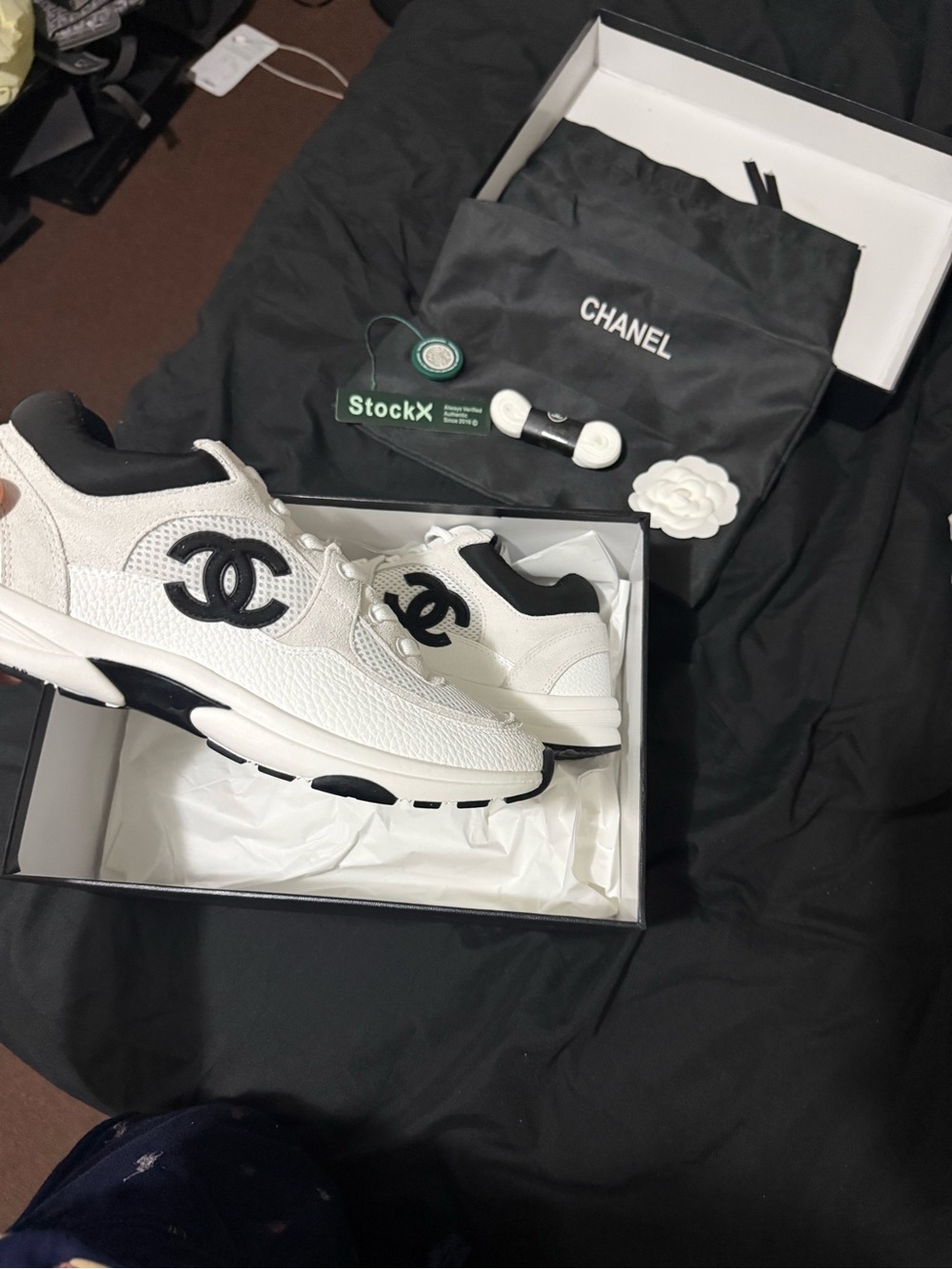 CHANEL White and Black CC Logo Leather Sneakers